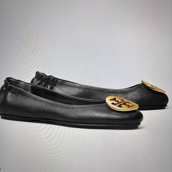 Tory Burch Minnie Travel Ballet Flats Black Leather Gold Metal Size 7 - Picture 1 of 14